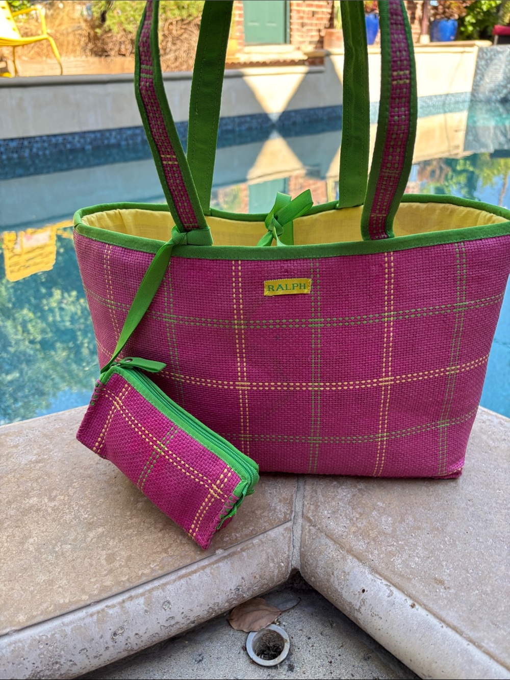 Y2K Ralph Lauren Barbiecore pink woven tote with matching coin purse